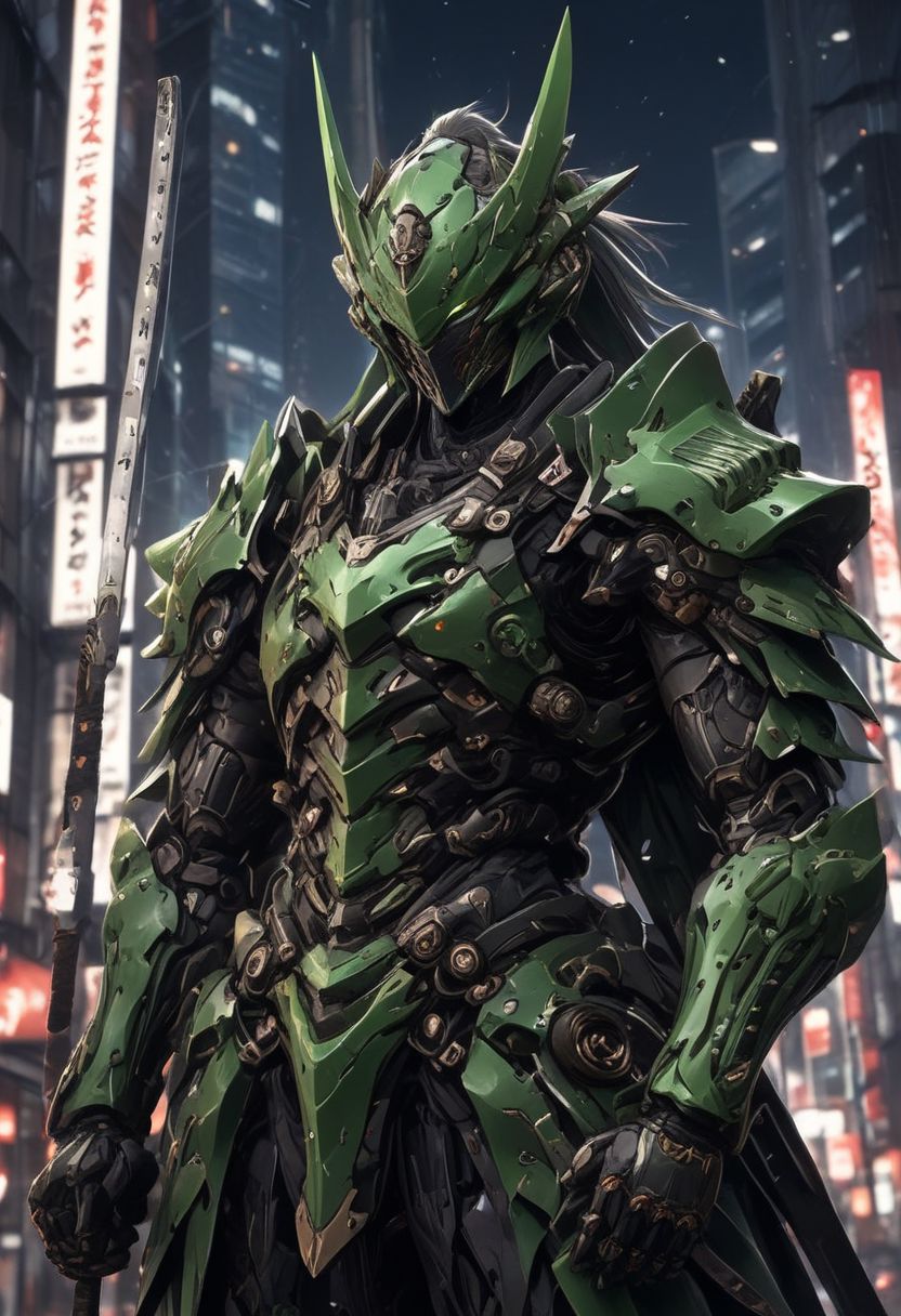 shinjuku, neon lights, city, one man, samurai armour, night time, dramatic lighting, holding 1 sword, high quality, green armor