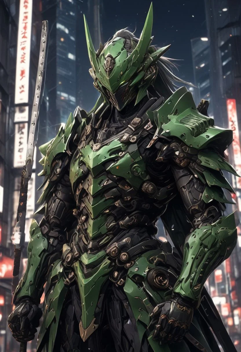 shinjuku, neon lights, city, one man, samurai armour, night time, dramatic lighting, holding 1 sword, high quality, green armor