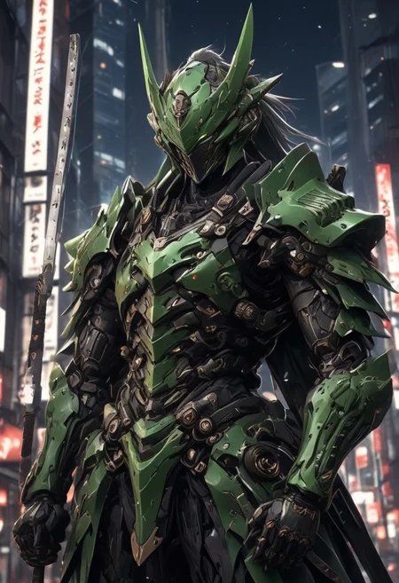 shinjuku, neon lights, city, one man, samurai armour, night time, dramatic lighting, holding 1 sword, high quality, green armor