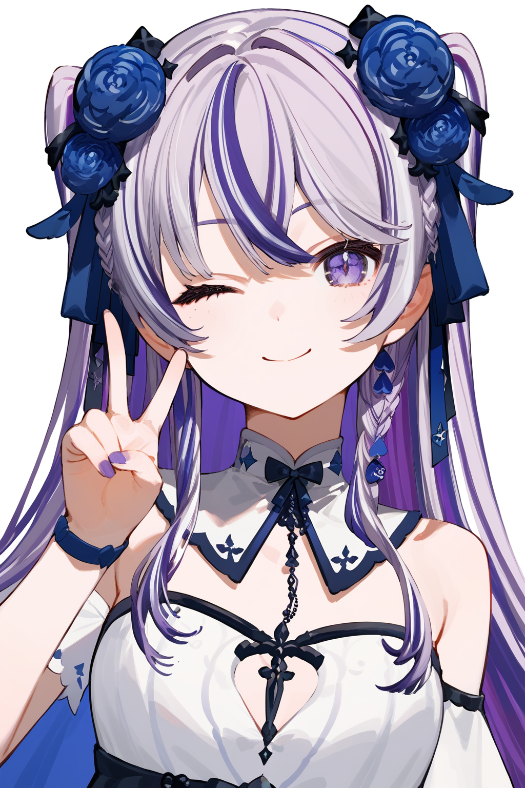 (score_9,score_8_up,score_7_up,),<lora:xuelian3-000008:0.9>,xuelian,white background,dress,multicolored hair,virtual youtuber,hair flower,hair ornament,purple hair,purple eyes,simple background,seductive_smile,wink,v,upper_body,face_focus,
