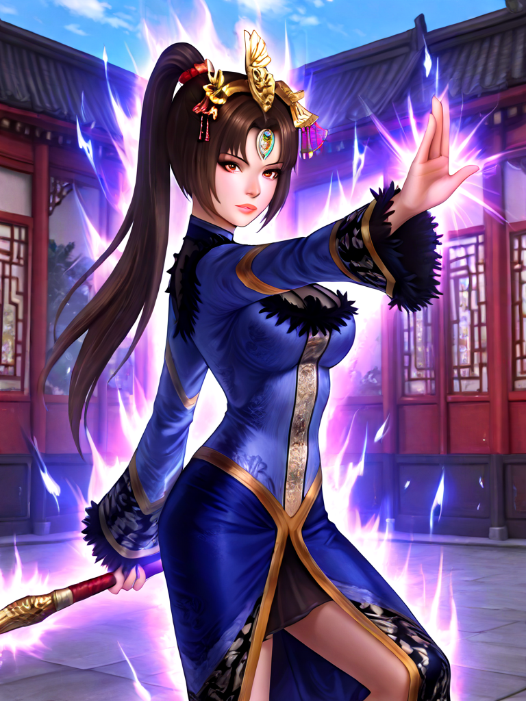 masterpiece, best quality, absurdres, realistic, zhen ji, milf, 1girl, lips, black hair, brown hair, ponytail, long hair, hair ornament, qipao, china dress, chinese clothes, large breasts, holding weapon, fighting stance, outstretched arm, energy ball, glowing, dancing, aura, outdoors, <lora:ZhenJi(DynastyWarriors4)_ilxl:1>