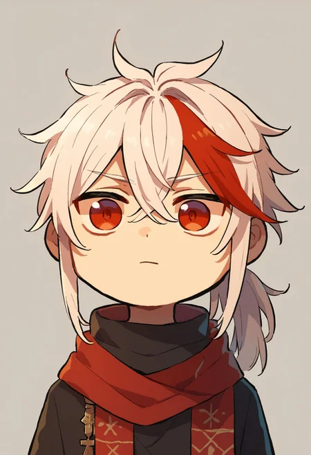 score_9,score_8_up,score_7_up, <lora:xinzoruo_style_pdxl_goofy:1>kaedehara kazuha, 1boy, male focus, multicolored hair, streaked hair, red hair, chibi, grey background, crossed bangs, simple background, portrait, white hair, closed mouth, hair between eyes, ponytail, scarf, red eyes, :|