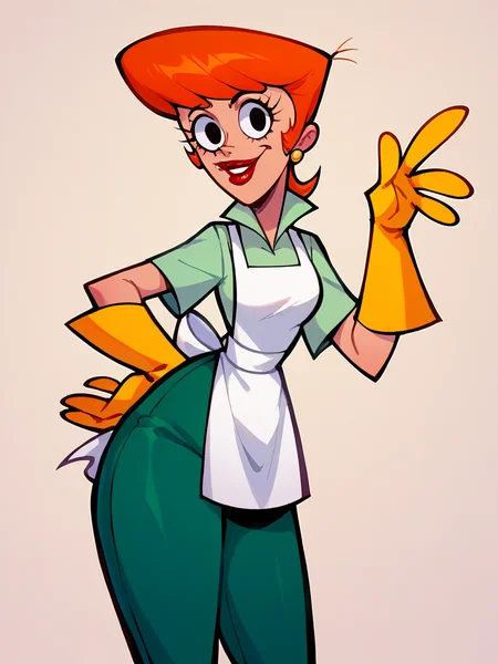score_9, score_8_up, score_7_up, score_6_up, score_5_up, <lora:momDLXLP:0.5> momdl, mom_(dexter's_laboratory), gloves, apron, orange hair, pants, yellow gloves, solo, red lipstick, <lora:dexterslabXLP:1> dexters lab, looking at viewer,
