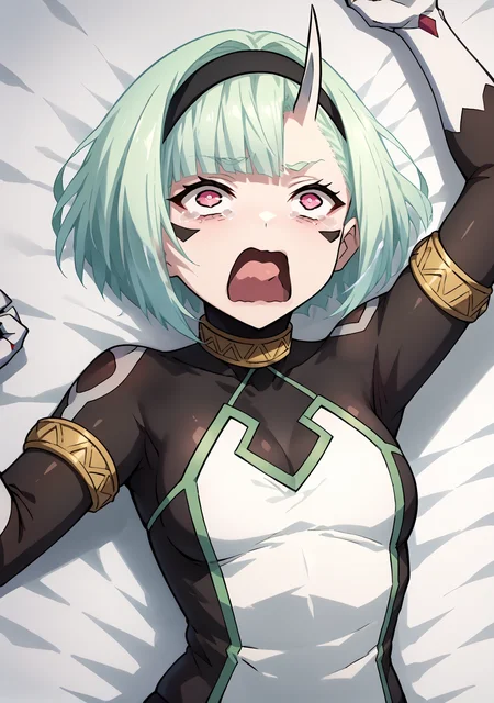 score_9, score_8_up, mlkokoxl, 1girl, <lora:kokopdxl-000006:0.9> solo, black bodysuit, black hairband, bob cut, bodysuit under clothes, clawed boots, clothing cutout, facial mark, gold armlet, green trim, single horn, white clawed gauntlets, white halter dress, pink eyes, <lora:concept_aquascreaming_ponyXL:1>, aquascreaming, screaming, open mouth, crying with eyes open