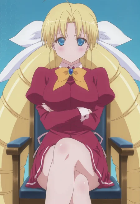 anime screencap, anime coloring, <lora:DX888Sernia:1> sernia iori flameheart, blue eyes, blonde hair,very long hair, twin drills BREAK simple background, blue  background, (honeycomb background:1.2),  BREAK   hair ribbon,bow, brooch, school uniform, red shirt, puffy sleeves, long sleeves, red skirt, BREAK    sitting, 1girl,chair, crossed arms, crossed legs, looking at viewer, solo