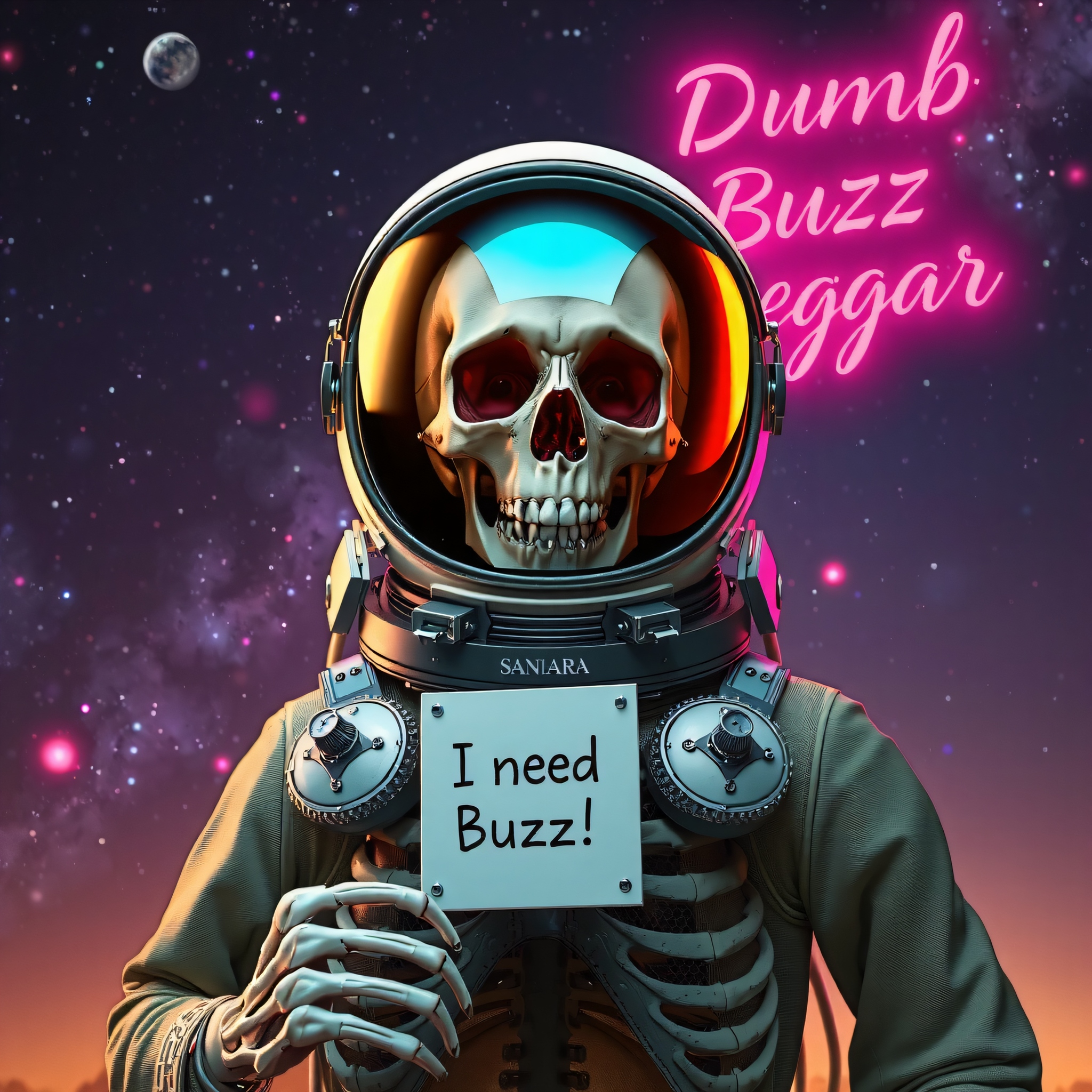 masterpiece, intricate photo realistic photo, realistic outer space skull astronaut in astronaut suite with helmet and transparent visor holding in the skeleton hand a small white sign on which is written "I need Buzz!", background outer space, stars, galaxies, nebulae, in the sky is written in neon letters "Dumb Buzz Beggar", as realistic as possible, hyper realistic, highly detailed, sharp focus, dusk and dawn of technology, dark art, gothic art, cyberpunk style, best quality, high resolution, colorful, vibrant colors, studio lighting, high quality image, no wrong proportions, 8K