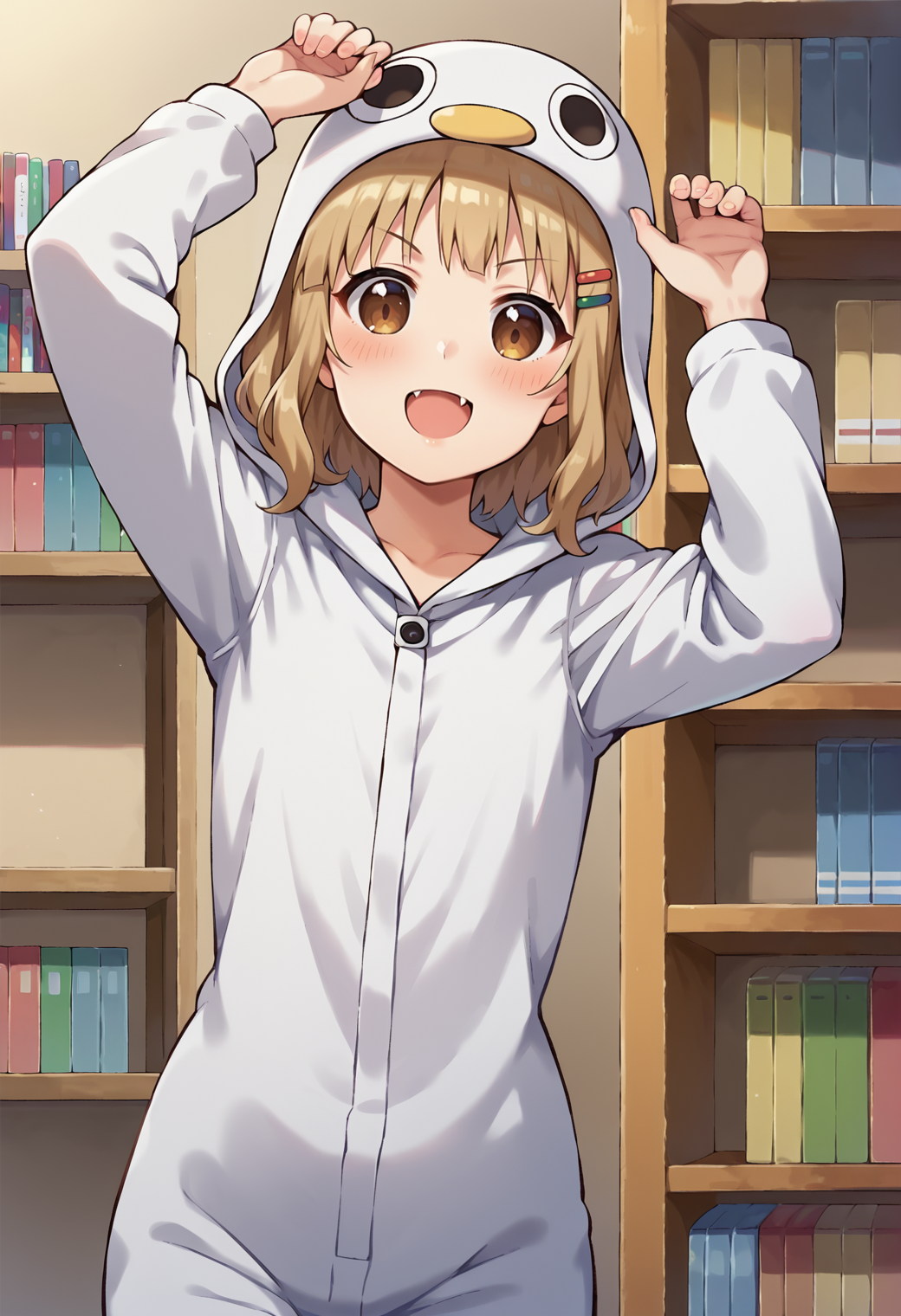 score_9, score_7_up, hd, (ultra hd quality details), source_anime, indoors, bookshelf, bedroom, 
solo, 1girl, oosaku, hairclip, fang,
kigurumi, animal costume,
blush, smile, open mouth, serious,
arm up, standing,
 <lora:_sakurako_oomuro-elesico-pony-e07:0.8>