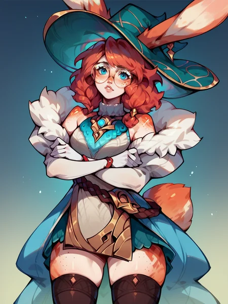 score_9, score_8_up, score_7_up, score_6_up, score_5_up, <lora:AuroraLOLXLP:1> auroralol, 1girl, solo, rabbit ears, round eyewear, blue eyes, freckles, hat, gloves, tail, thighhighs, red hair, dress