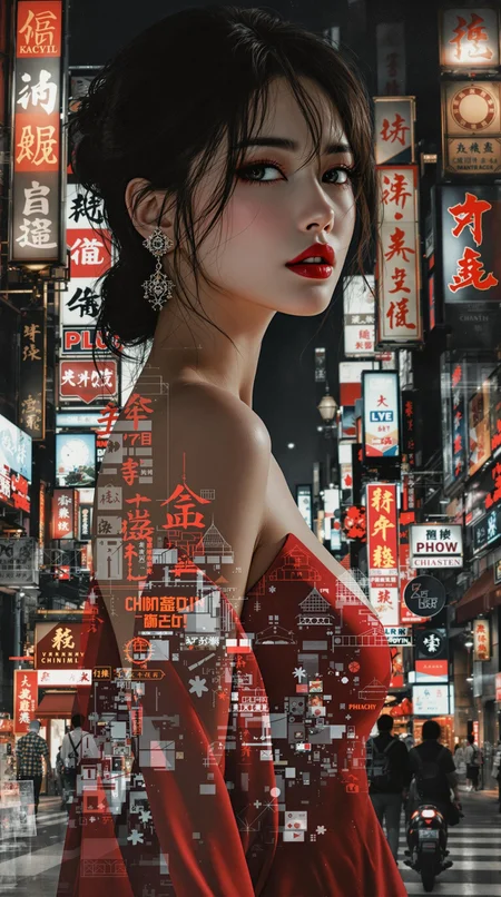 photorealistic poster ink art, double exposure image, the firstimage positioned at the top, featuring a closeup portrait of a beautiful oriental women wearing a short red dress, disheveled hair, bare shoulders, slightly parted lips, detailed fabric, [masterpiece], [best quality], chiascuro, above a scene of a night Chinatown city vista with video advertising screens, neon Kanji signs, disheveled hair, bare shoulders, slightly parted lips, detailed fabric, [masterpiece], [best quality], chiascuro