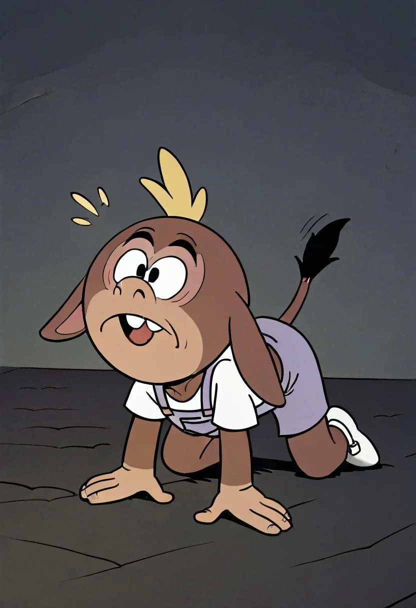 (score_9 | score_8_up | score_7_up) ((masterpiece:1))(best quality,very high quality,ultra detailed:1.2) (2D,cartoon style,anime style)(Smooth:2)(clean blurring) (four fingers on each hand,one thumb on each hand:1), Leon Loud, solo, 1boy, light Blonde hair, two strands of light Blonde hair, teeth, white shirt, lavender overalls, white booties, Full Donkey, half donkey, donkey head, donkey ears, donkey tail, all fours