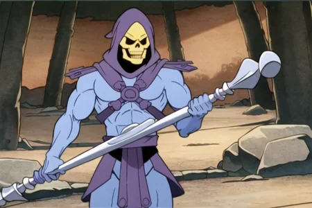 skeletor, cowboy_shot, foreshortening, holding_staff, solo, wasteland