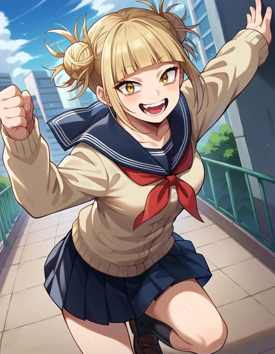 score_9, score_8_up, score_7_up, source_anime,
himikotoga, <lora:himiko-toga-ponyxl-lora-nochekaiser:1>,
himiko toga, bangs, blonde hair, yellow eyes, blunt bangs, hair bun, double bun, messy hair, smile, open mouth,
skirt, long sleeves, school uniform, pleated skirt, shoes, serafuku, socks, sailor collar, blue skirt, neckerchief, kneehighs, brown footwear, cardigan, black socks, loafers, red neckerchief, yellow cardigan,
outdoors, cityscape,
looking at viewer, cowboy shot, dutch angle, dynamic pose,