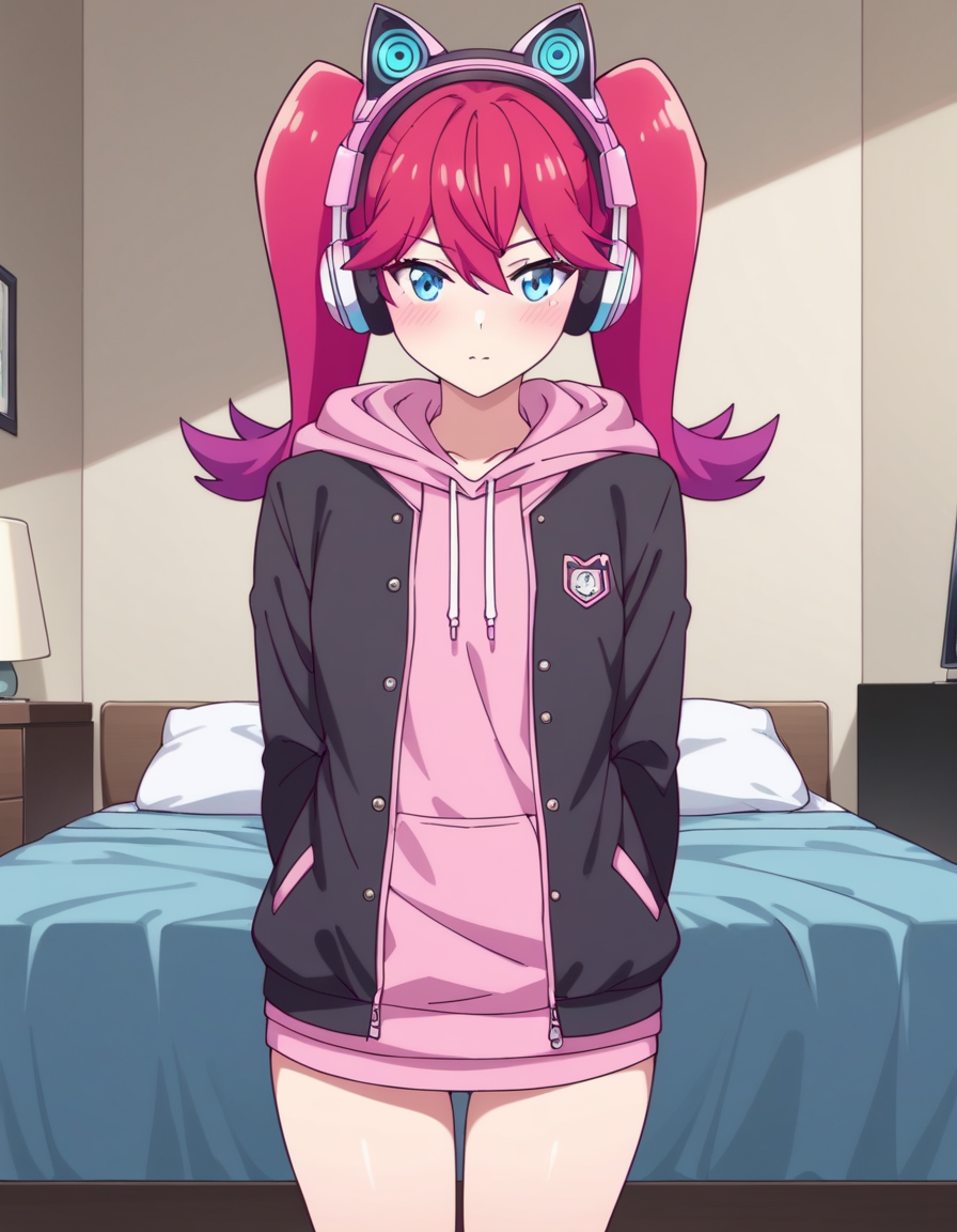 score_9, score_8_up, score_7_up, source_anime, uncensored, <lora:StS_detail_slider_v1:3>, zPDXLxxx, <lora:Amelia_Irving_PONYXL_VexVexX:1>, AmeliaIrving, blue eyes, red hair, long hair, twintails, bangs, hair between eyes, small breasts, hoodie, pink hoodie, jacket, open jacket, black jacket, headphones, animal ear headphones, cat ear headphones, cowboy shot, bedroom, from front, standing, hands behind back, looking at view, thighs,
