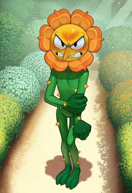 solo, male, plantform, plant boy, 1boy, CagneyCarnation, (orange petals:1.1), yellow face, pointy nose, pac-man eyes, detailed face, perfect eyes, black eyes, large head, round face, masterpiece, hires, absurdres, newest, perfect quality, best quality, ultra-detailed, detailed background, intricate details,
frown, teeth, (embarrassed:1.2), blush, narrowed eyes, half-closed eyes, looking up at viewer, looking at viewer, angry eyebrows, blush, tsundere, cartoonish anthropomorphic flower, orange bloom, green body, plant-like design, leafy hands, leafy feet, feet resemble leafy vines, (yellow thorns, body thorns:1.2), green stem-like body, (slim, skinny:1.1), narrow hips, full body, standing, slouching, arm at side, holding own arm, clenched hand, pigeon toed, no penis, cocked hip, sweatdrop,
BREAK
outdoors, (garden:1.1), bloom, dappled sunlight, high-angle view, from above, shadow, detailed shading, light particles, pollen,