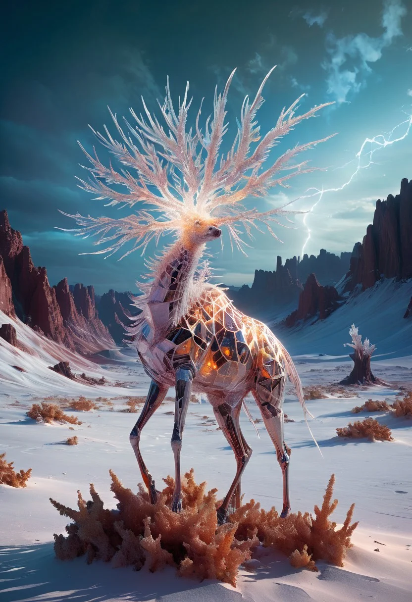 white desert oasis, salty earth, hyper detailed, rusty, striking, animalistic, bite-sized, by Floris van Schooten and by richard avedon, famous artwork inspired by (beeple:1.3) and (cliff nielsen:1.4), crystalline, fractal art, fantasy style, this peculiar life form, the "inquisitive plerkblortz" hides in the gnarling dense crystal jungles of the puffalorpled exoplanet "gazorpazorp secundus", covered in a metallic exoskeleton it ambushes its prey with (long crystalline appendages:1.4), dark, shadows, black, shadow hues, highly artistic, highly painterly, harmonic colors, expressive, ultimate aesthetic level, visible brushstrokes, masterclass artistry, vibrant energy, apocalyptic mood, atmospheric haze and dense fog, strong winds, highly aesthetic, otherworldly, limited palette, faded colors, washed out colors, extremely dark, extremely low key lighting, dark shadows, perfect composition, full panoramic shot translucent, transparent, glowneon, glowing, sparks, lightning