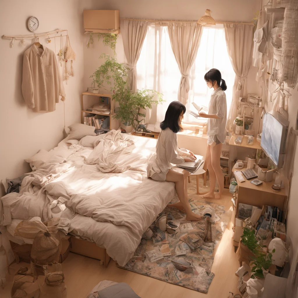 best quality, ultra-detailed,
JJROOM, scenery, clock, bed, indoors, curtains, window, sitting, black hair, plant, book, calendar (object), computer, shirt, pants, bedroom, chair, rug, air conditioner, wide shot, laptop, 1girl, basket, 
 <lora:jyoshi_no_heya_SDXL_V1:1>