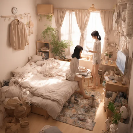 best quality, ultra-detailed,
JJROOM, scenery, clock, bed, indoors, curtains, window, sitting, black hair, plant, book, calendar (object), computer, shirt, pants, bedroom, chair, rug, air conditioner, wide shot, laptop, 1girl, basket,
<lora:jyoshi_no_heya_SDXL_V1:1>