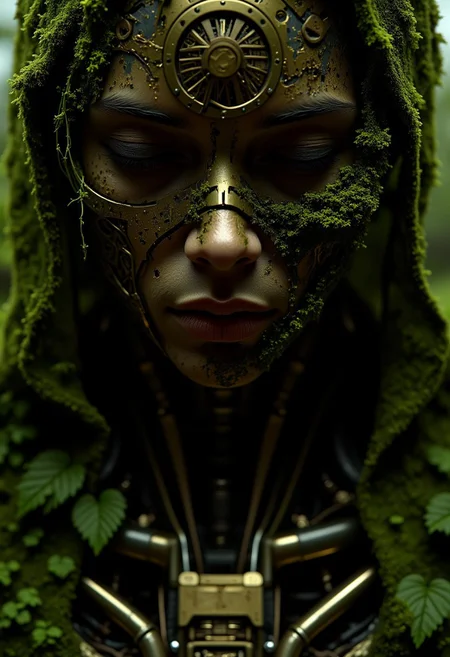 ajweathbo. An dystopian enigmatic, timeworn StarWars DARK sith inspired automaton, its once-glorious brass plating now dulled by centuries of rain and creeping moss. Its biomechanical facemask, half-broken like a fallen black marble statue, bears the scars of forgotten wars, its fractured jaw locked in eternal silence. Lush green vines coil around its exposed clockwork, tiny glowing spores drifting from the cracks like whispers of an ancient intelligence. The air hums with unseen energy, as if the machine still dreams beneath its overgrown tomb. Soft, cinematic light filters through the mist, catching the gleam of corroded filigree—a portrait of a being neither alive nor dead, lost in the ruins of its own forgotten empire.