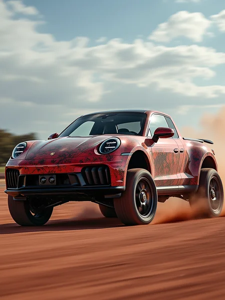 porsche 911 pickup truck, high stance, bigger wheels, (pickup), red camo color, racing on a dirt track