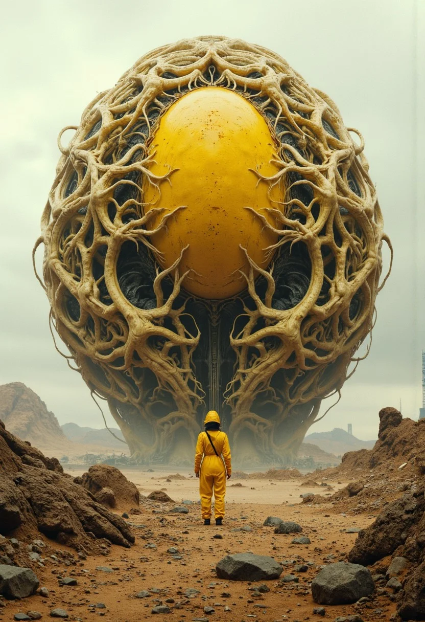 A hyper-realistic hauntingly beautiful dark sci-fi scene featuring a vast, barren landscape with a colossal, organic, yellow spherical object. A sphere made up of intertwined and fused egg spheres, intertwined veins and layered flesh reveals a structure of fused mutated spheres and intertwined veins and sinews. A woman in a yellow biohazard suit stands on rocky terrain, staring at the mysterious sphere. An overcast sky hangs over her, creating an eerie atmosphere on the desert landscape. In the distance, man-made structures can be seen on the horizon, hinting at a wider world, sci-fi and high tech. This striking image evokes a sense of wonder and curiosity, inviting viewers to explore the mysterious world that lies within, cinematic, painting, high definition, high detail, 16K resolution. ultra sharp focus photo, 3d render, architecture, dark fantasy, vibrant (photography, high-resolution, dynamic, energetic,hyper-realistic, dramatic lighting, shallow depth of field.)