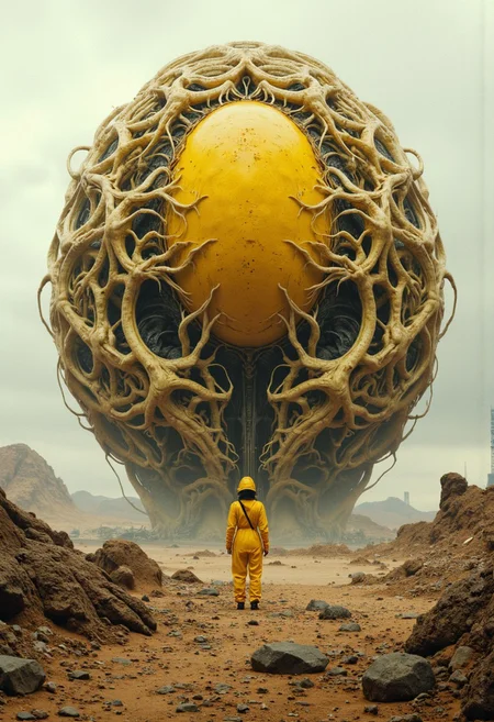 A hyper-realistic hauntingly beautiful dark sci-fi scene featuring a vast, barren landscape with a colossal, organic, yellow spherical object. A sphere made up of intertwined and fused egg spheres, intertwined veins and layered flesh reveals a structure of fused mutated spheres and intertwined veins and sinews. A woman in a yellow biohazard suit stands on rocky terrain, staring at the mysterious sphere. An overcast sky hangs over her, creating an eerie atmosphere on the desert landscape. In the distance, man-made structures can be seen on the horizon, hinting at a wider world, sci-fi and high tech. This striking image evokes a sense of wonder and curiosity, inviting viewers to explore the mysterious world that lies within, cinematic, painting, high definition, high detail, 16K resolution. ultra sharp focus photo, 3d render, architecture, dark fantasy, vibrant (photography, high-resolution, dynamic, energetic,hyper-realistic, dramatic lighting, shallow depth of field.)