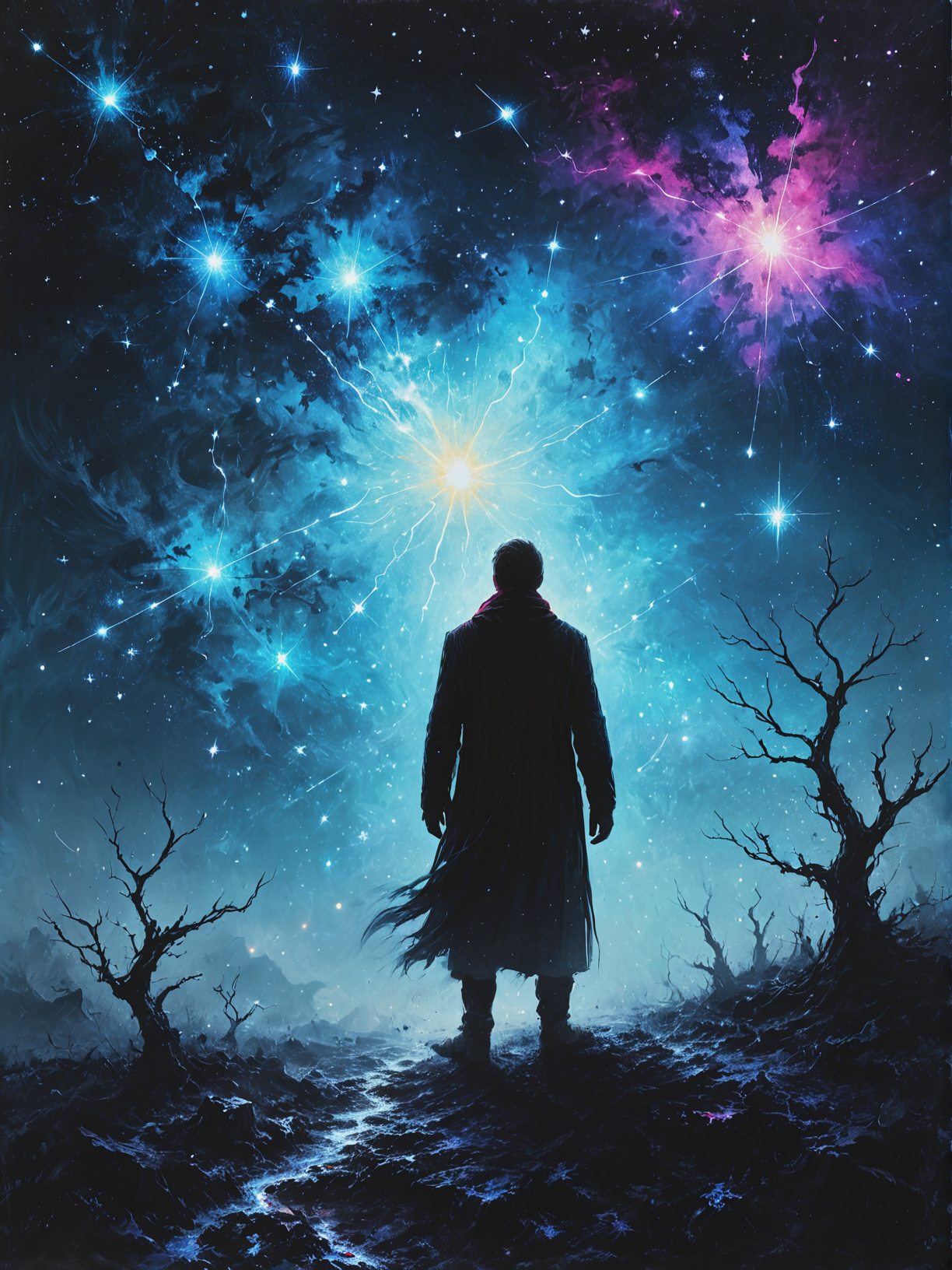 Wizards draw constellations with stardust, ultra-fine digital painting, <lora:xl_more_art-full_v1:0.3>,  <lora:Desolation:0.6> <lora:gorgoeus_splash_of_vibrant_paint:0.7> Gorgeous splash of vibrant paint