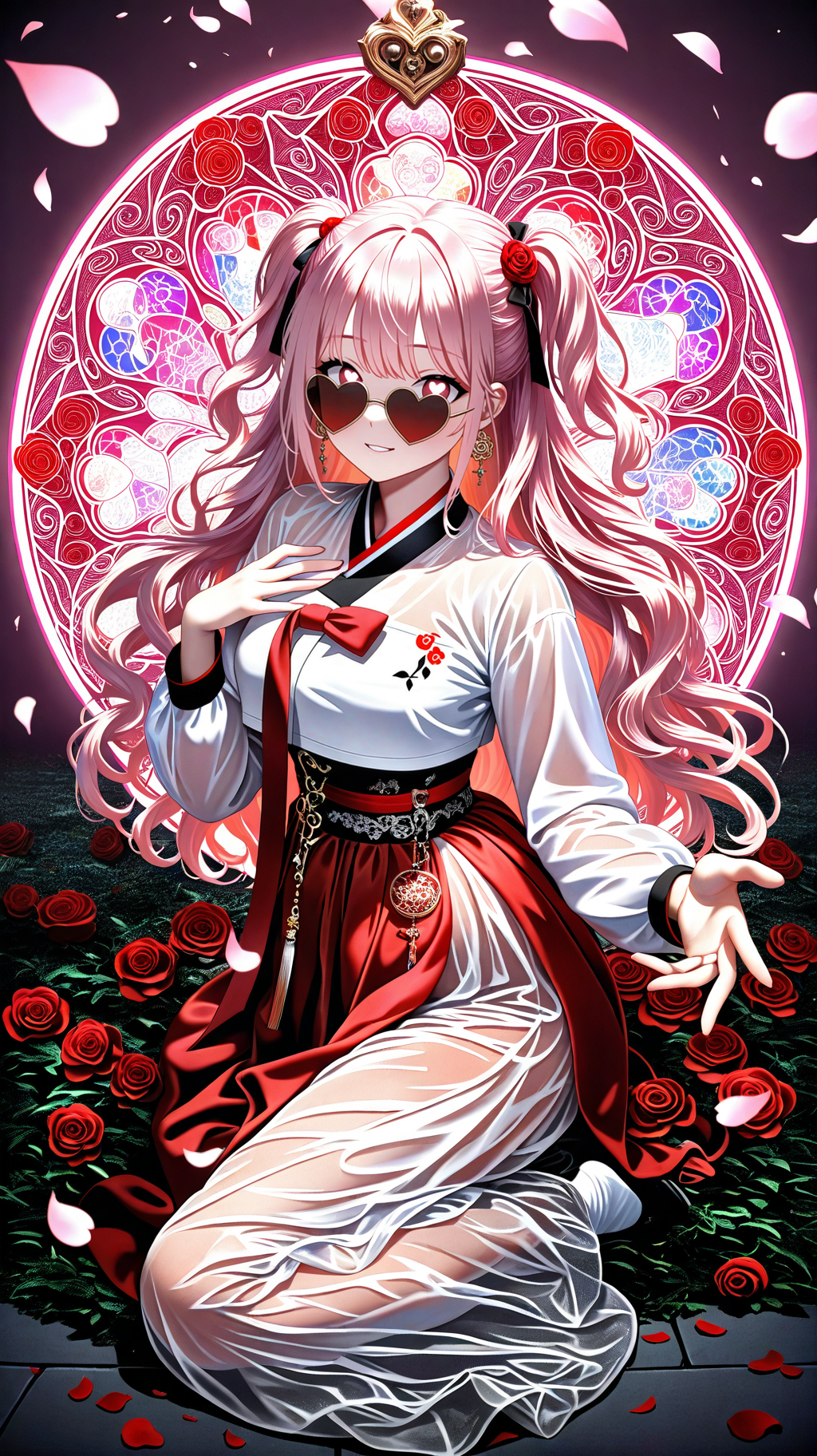 IllusP0s_1097608,  (masterpiece), (best quality), (ultra-detailed), amazing quality, very aesthetic, illustration, perfect composition, intricate details, absurdres, incredibly absurdres, BREAK,
hot attractive  girl , Romance,a man and woman falling in love during a cruise,pink flower, happy valentine, valentine,cherry blossoms, a woman falling for a man who is her personal trainer,true love,love aura,pink light, (full body shot ) of two lovers running fingers through hair, detailed face, detailed hands, detailed eyes, located in a romantic scene at a beautiful rooftop during night with clear weather, illuminated by cozy fireplace light, creating a gentle atmosphere,
,see-through cleavage, carbon-fiber sunglasses,afternoon,red light ,amorous  atmosphere,heart,  heart-shaped pupils, love,(hanbok,korean clothes,clothed underbust,hanfu),,love  symbol, floating heart,  heart circle,  hip armor, pink  , many red rose, 
she has very short hair,hair scarf,(wavy hair:1.2, ),pink hair,two side up, comb ,
<lora:NSFWFilter_illusXL_Incrs_v1:-1>,(stained_glass,stained_glass_print,sglass style),hand on own chest