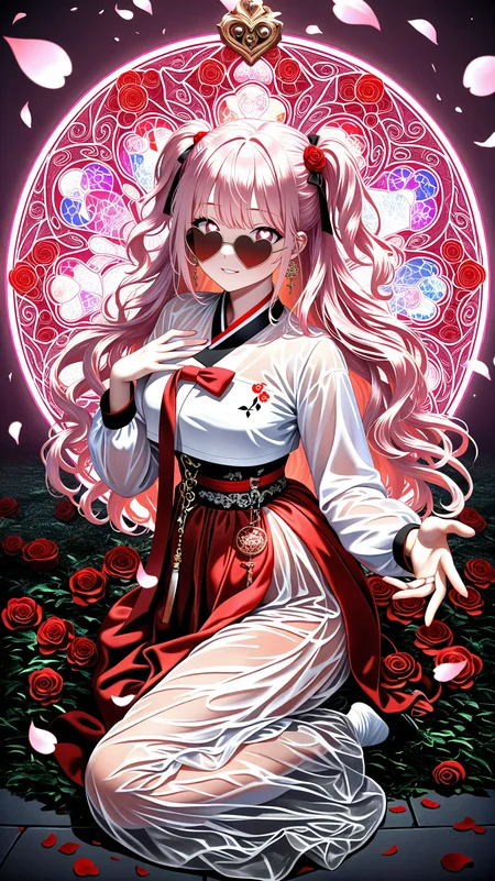 IllusP0s_1097608, (masterpiece), (best quality), (ultra-detailed), amazing quality, very aesthetic, illustration, perfect composition, intricate details, absurdres, incredibly absurdres, BREAK,
hot attractive girl , Romance,a man and woman falling in love during a cruise,pink flower, happy valentine, valentine,cherry blossoms, a woman falling for a man who is her personal trainer,true love,love aura,pink light, (full body shot ) of two lovers running fingers through hair, detailed face, detailed hands, detailed eyes, located in a romantic scene at a beautiful rooftop during night with clear weather, illuminated by cozy fireplace light, creating a gentle atmosphere,
,see-through cleavage, carbon-fiber sunglasses,afternoon,red light ,amorous atmosphere,heart, heart-shaped pupils, love,(hanbok,korean clothes,clothed underbust,hanfu),,love symbol, floating heart, heart circle, hip armor, pink , many red rose,
she has very short hair,hair scarf,(wavy hair:1.2, ),pink hair,two side up, comb ,
<lora:NSFWFilter_illusXL_Incrs_v1:-1>,(stained_glass,stained_glass_print,sglass style),hand on own chest