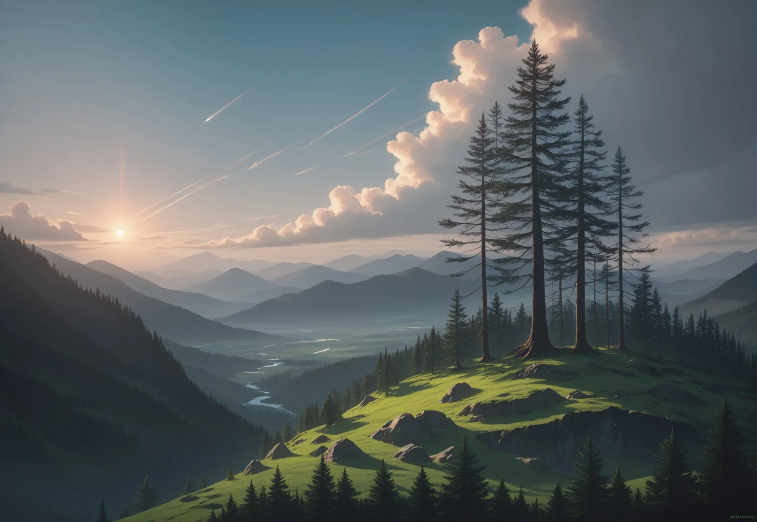 score_9, score_8_up, masterpiece, best quality, absurdres, highres, high quality, highly detailed, landscape photography, a gently sloping green hillside, bright blue sky with white wisps of cloud, evergreen trees, natural lighting, high contrast, vibrant color, arcane