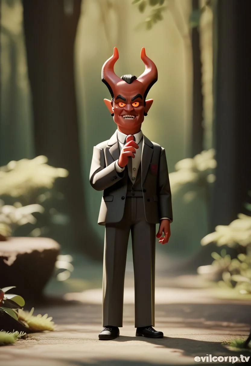 (Score_9, score_8_up, score_7_up:1.7),(xcaricaturex:1.0), ( demon:1.5),( in forest background:1.0),(diminute, toy),detailed face, detailed eyes