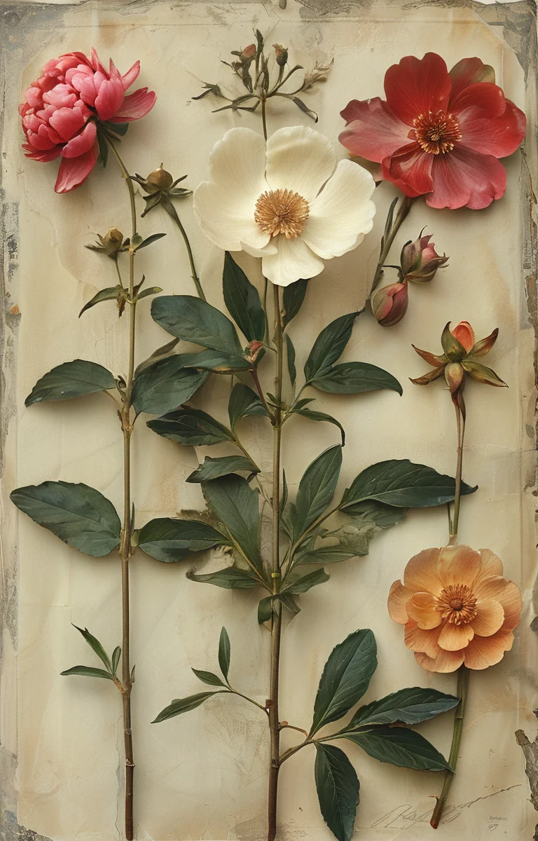 masterpiece,best quality,<lora:tbh229-sdxl:0.9>,style of Herbarium decaying peonies