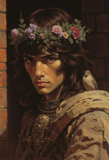 A hyper-realistic close-up portrait of a medieval young man with long, slightly wavy hair parted at the middle, his clean-shaven face highlighting a strong, masculine jawline. He wears a simple, rugged tunic in earthy tones, the fabric textured with subtle wear that reflects his humble origins. A crown-like wreath of vibrant flowers adorns his head, adding a gentle, poetic contrast to his rugged attire. His deep brown eyes, thoughtful and introspective, draw the viewer in, framed perfectly by the natural fall of his hair. Perched delicately on his shoulder is a small sparrow, its tiny wings slightly spread as if poised for flight, bringing a sense of life and quiet connection to the scene. The background is softly blurred, with warm tones hinting at medieval stonework, subtly framing the subject and enhancing his focused, serene expression. The interplay of textures, from the rugged tunic to the delicate petals of the wreath and the intricate details of the sparrow’s feathers, creates a harmonious composition with stunning depth and authenticity.