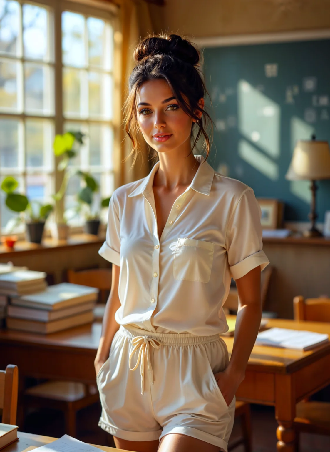 Hyperrealistic art a woman in a short white shirt and shorts posing for a picture in a room with a desk and a window, Elina Karimova, bright studio setting, a stock photo, private press. Cinematic photography, movie mood, cinematic light, compelling composition, storytelling elements, conveys emotion, mood, and narrative depth, creating visually striking images that feel like still frames from a film. <lora:add-detail-xl:.5> <lora:Flux-style-xl-lora:.5>
