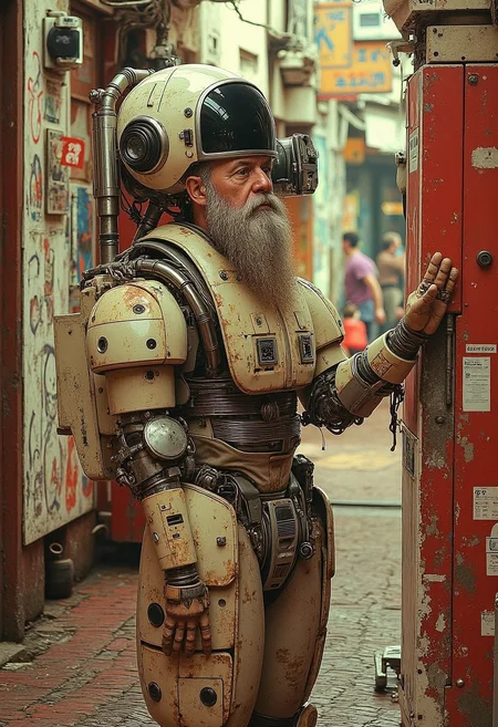 YFG-Asak , Cyborg, exosuit, mech, futuristic, (off-center composition, left aligned, Portrait), an old male cyborg, grizzeld beard, battle worn, bulky power armor, Gothic battle field, cinematic film still retro arcade style dark art by Keos Masons, detailed art by Rimel Neffati, vibrant, Abstract expressionism, bold brushwork, emotional intensity, Street art, graffiti, vibrant colors, urban themes. 8-bit, pixelated, vibrant, classic video game, old school gaming, reminiscent of 80s and 90s arcade games. shallow depth of field, vignette, highly detailed, high budget, Bokeh, CinemaScope, moody, epic, gorgeous, film grain, grainy.