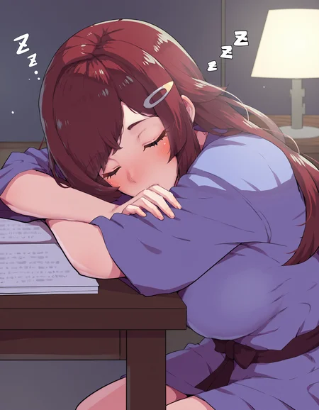 (masterpiece), (incredibly absurdres), best quality, <lora:Noborhys-IL-V1_Aeromoia-000016:1>, nobor, 1girl, long hair, swept bangs, hair ornament, hairclip, solo, robe, closed eyes, crossed arms, head on arm, sleeping, zzz, desk, dim lighting, indoors, bedroom