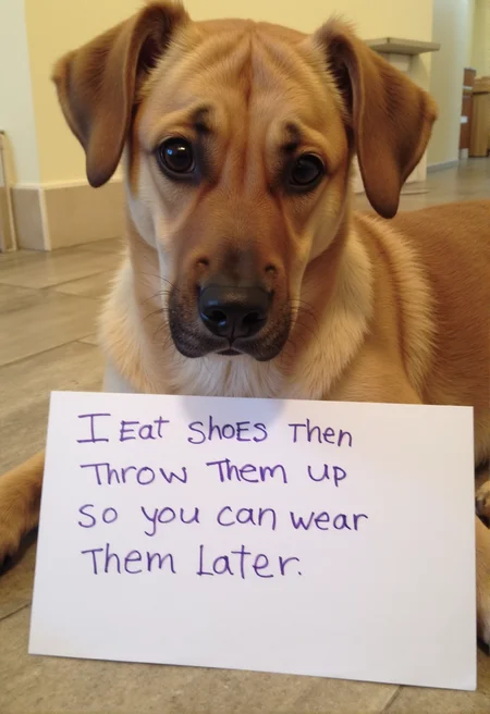 sh4m3, a high-resolution photo of a dog with a notecard in front of it that says in handwritten text: "I eat shoes then throw them up so you can wear them later" <lora:Meme_soph-CatShame-FLUX:1>
