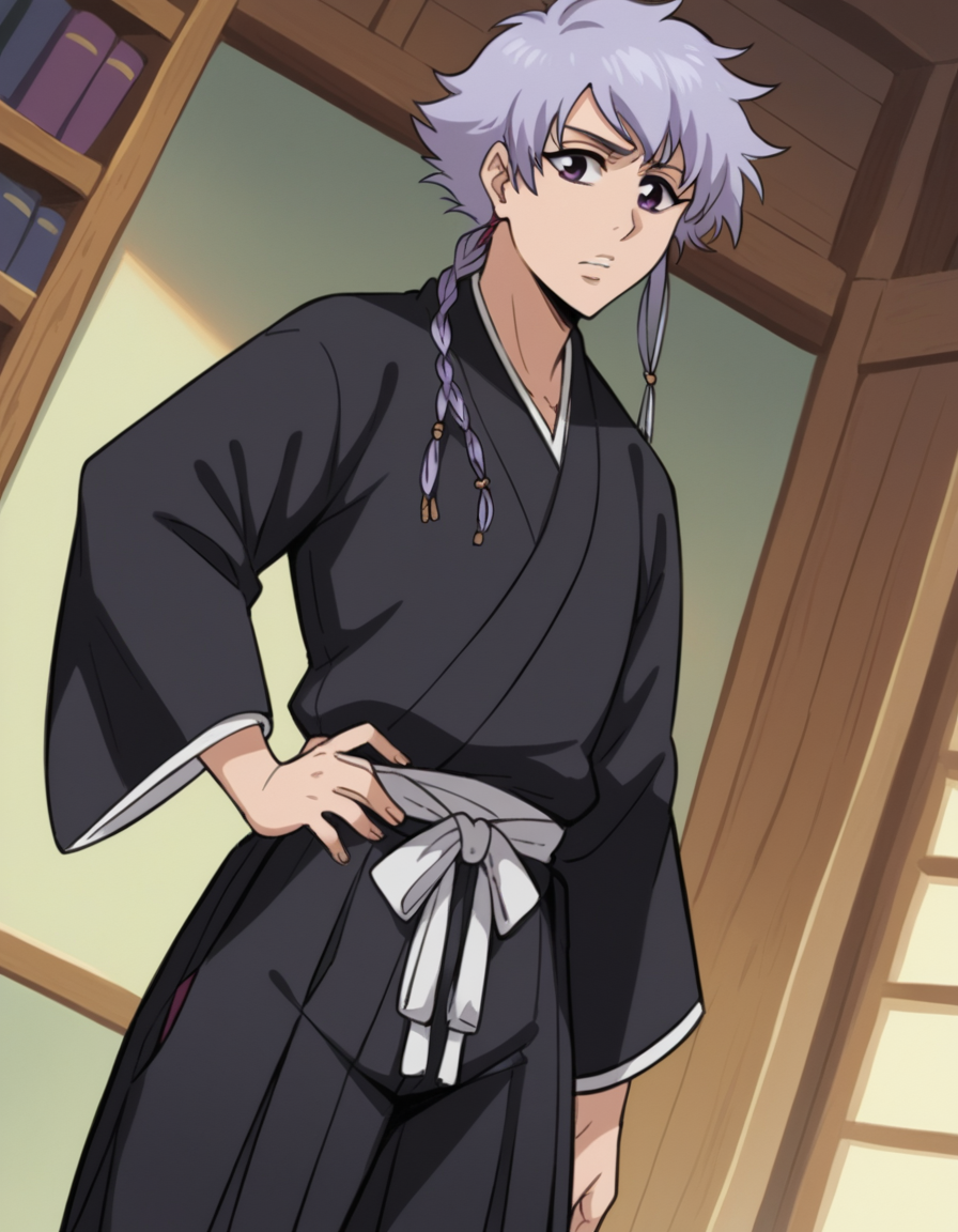 score_9, score_8_up, score_7_up, source_anime, <lora:isane-kotetsu-anime-ponyxl-lora-nochekaiser:1>, isane kotetsu, short hair, braid, purple hair, purple eyes, hair braid,, long sleeves, japanese clothes, kimono, haori, black kimono, hakama, black hakama,, bookstore, browsing shelves, new book smell, finding a favorite, quiet atmosphere, , , arm outstretched, hand on hip, knee up, solo,, cowboy shot, dutch angle