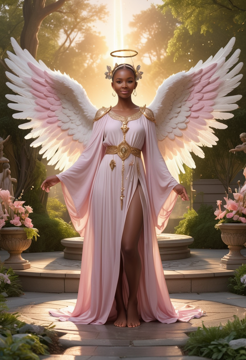(medium full shot) of (ethereal angel with feathered wings and an angel halo) young woman, slim build, medium blonde bun hair, south african, dark skin, hazel eyes,  wearing a diadem adorned with sparkling gemstones, heavenly pink seraphic robe with celestial symbols, sheer stockings, ivory ballet flats, holding a glowing vial containing stardust, set in  divine temple, Heavenly Gardens, Serene outdoor space with lush greenery, fragrant flowers in bloom, winding pathways lined with statues of celestial beings, inviting benches for contemplation, a gentle babbling brook flowing through the center , at sunset, woman smiling, detailed face, ,Masterpiece,best quality, raw photo, realistic, very aesthetic