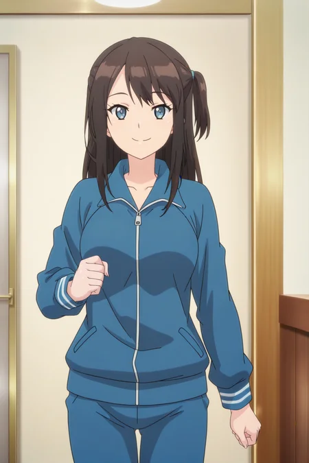anime screenshot, tsuneki hikari, 1girl, solo, brown hair, long hair, one side up, blue eyes, medium breasts, track suit, track jacket, blue jacket, long sleeves, blue pants, looking at viewer, smile, cowboy shot, indoors, masterpiece, best quality, high quality, highres, absurdres, <lora: tsuneki_hikari_ILXL:0.9>