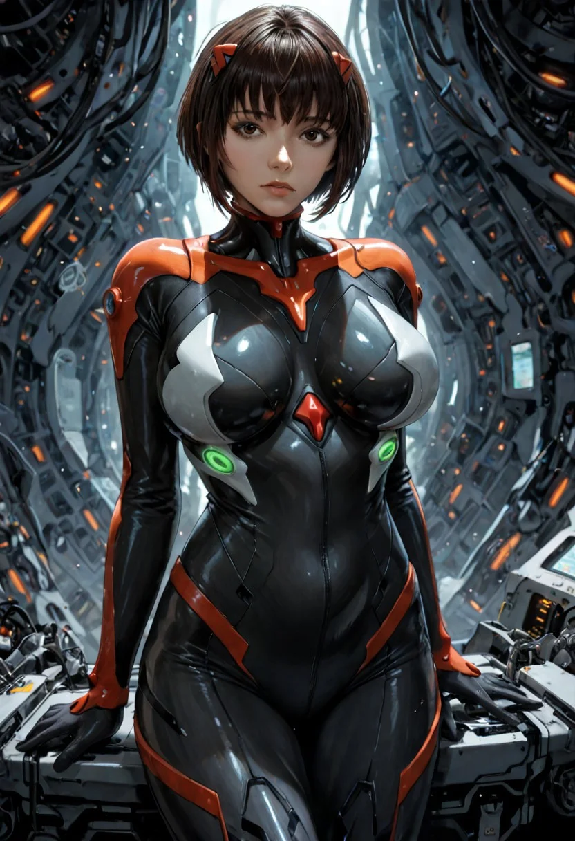 Score_9, score_8_up, score_7_up, score_6_up BREAK MMD0ll, 1girl, short hair, bangs, black hair, brown eyes, huge breasts, curvy, bodysuit, plugsuit, looking at viewer, mech pilot, mechanical background, futuristic, sci-fi, shiny, glossy, highly detailed, beautiful art, beautiful background, beautiful lighting