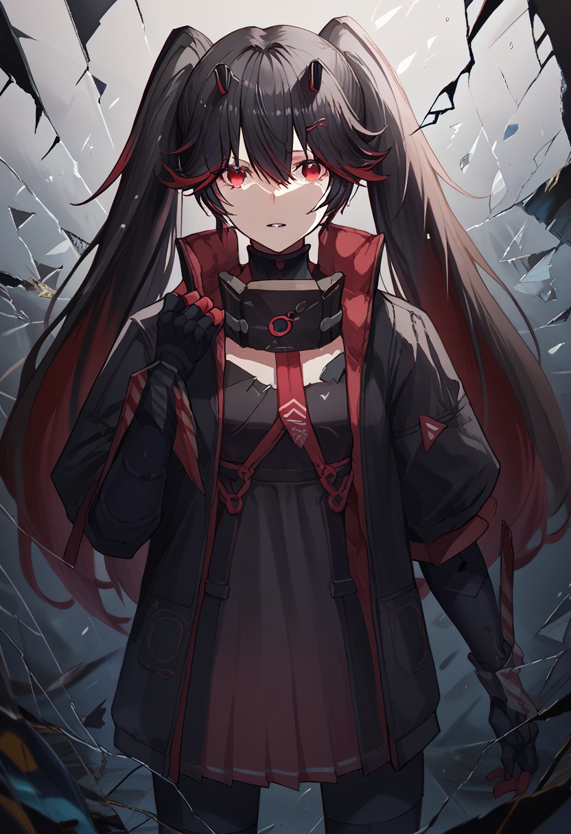 zPDXL3, score_9_up, score_8_up, score_7_up, (Anime_source), 1girl, Plume, red eyes, multicolored hair, red hair, black hair, long hair, twintails, Plume clothes, neck gear, mechanical arm, cowboy shot, standing, parted lips, ((shattered, crack)), from front, particles, hand reaching towards viewer