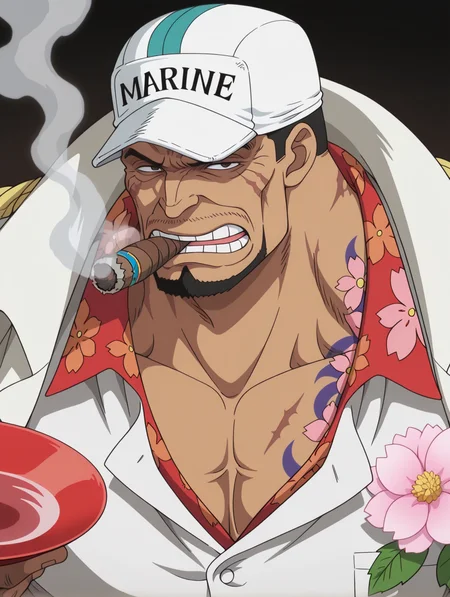 masterpiece, best quality, amazing quality, 1 boy, male focus, solo, Sakazuki, shirt, cigar, facial hair, flower, hat