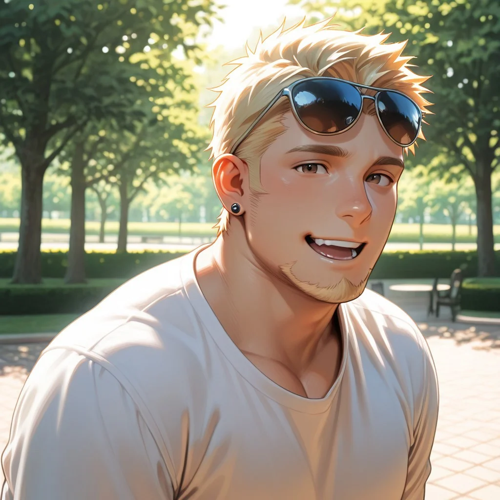 masterpiece, best quality, amazing quality, absurdres, newest, detailed background, definition so sharp, Ultra-HD, 8K cinematic, very awa, impressionate, amazing quality, highres,
solo, male focus, manly,
1boy, short hair, goatee, chubby, rikio_blonde, rikio_brown eyes, rikiokamamoto, sunglasses \(on head\), earrings, sideburns, simple t-shirt, bright lighting, park, sunny day, soft bokeh, gentle, kind eyes, inviting, friendly, joyful, looking at viewer, open mouth smile,