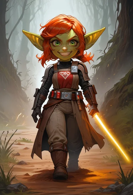 thick outlines, extremely detailed, sharp focus, HD, 1girl, solo, a Goblin woman, short stature, shortstack, pointed ears, big eyes, green skin, with short ginger hair and large swept bangs, wearing goggles with glowing green lenses, dark red mail, with green chain boots, silver rectangular shield, sword on her hip, confident smile, walking, eyes to the side. Setting forest, dirt path, dark grass, fog, low light. green eyes, blue lightsaber, laser sword, long sword,
