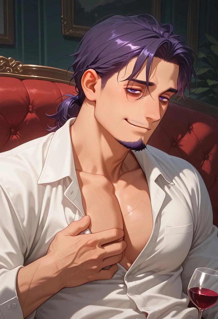 1boy, mbti_intp, mature man, purple eyes, droopy eyes, eye bags, tied hair, goatee, unbuttoned silk shirt, broad shoulders, collarbone focus, sensual gaze, hand subtly caressing own chest, lounging on a velvet sofa, low light, intimate atmosphere, wine glass, hint of stubble, alluring smirk, bedroom setting