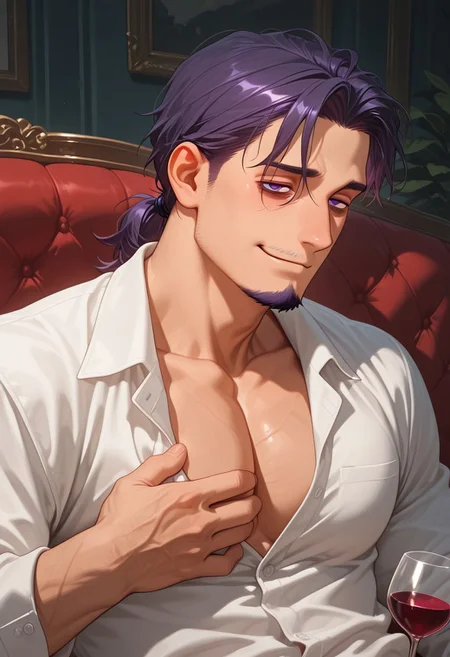 1boy, mbti_intp, mature man, purple eyes, droopy eyes, eye bags, tied hair, goatee, unbuttoned silk shirt, broad shoulders, collarbone focus, sensual gaze, hand subtly caressing own chest, lounging on a velvet sofa, low light, intimate atmosphere, wine glass, hint of stubble, alluring smirk, bedroom setting
