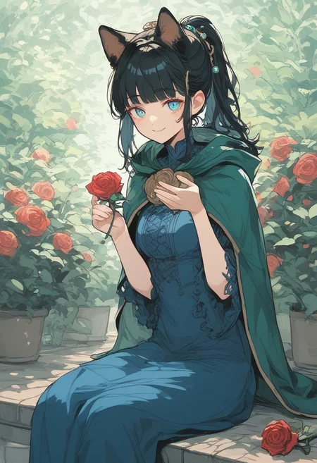 score_9, score_8_up, score_7_up, score_6_up, score_5_up, (art, sitting, hands up, fingers curled, (psychedelic), garden, sunlight, dog ears, metal floor, rose, green cape, tattered cape, hood up, blue latex dress, hair ornament, 1girl, ponytail, black hair, blunt bang, smile, closed mouth)