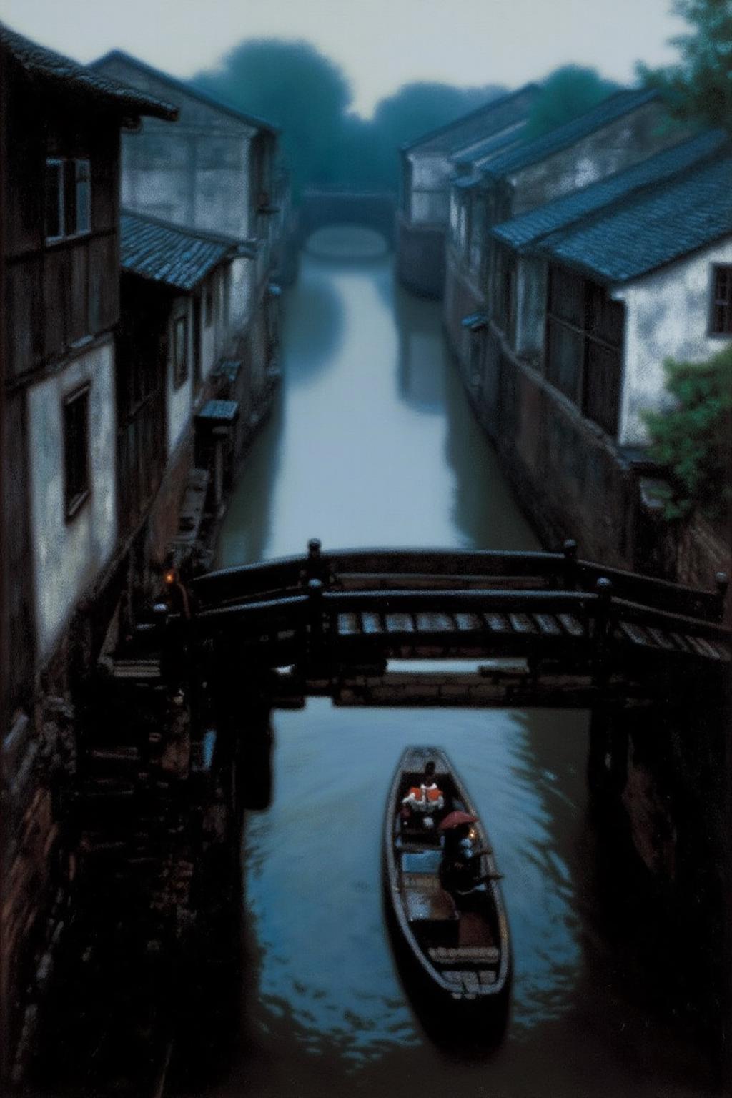 chenyifei2 painting. 
An overhead view of an ancient, narrow canal in a traditional Chinese town. In the foreground, a wooden bridge with a rustic appearance spans the canal. The bridge is made of dark, aged wood with a small wooden walkway. Wooden houses line both sides of the canal. A small, flat-bottomed boat is crossing the canal. There is a woman with an umbrella in the boat. <lora:chenyifei2_cap_d6a3:1.0><lora:839842522433054088:0>