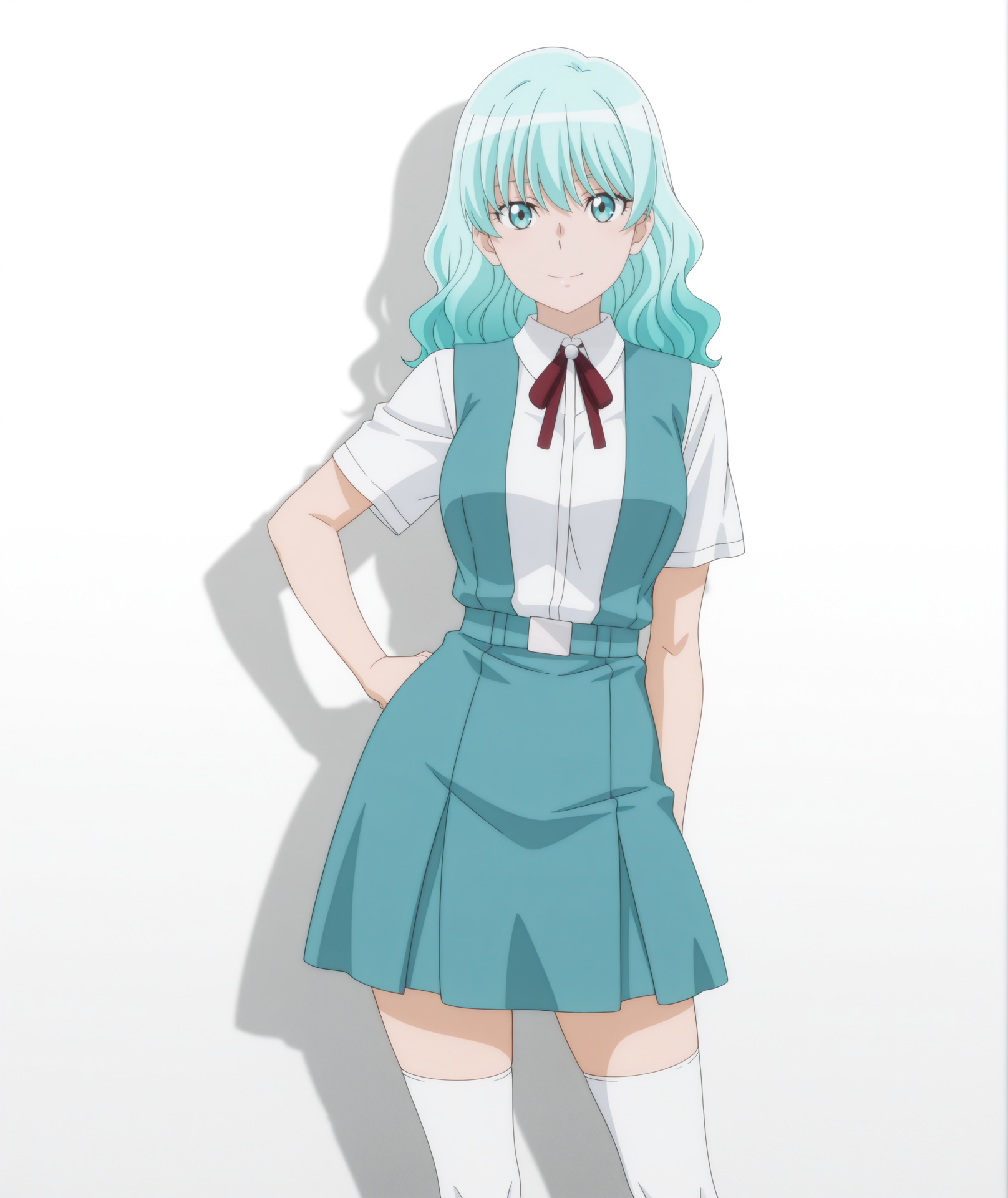 official art, absurdres, highres, anime coloring, hi res, best quality, masterpiece, 2d, intricate details, 4k, shadow,
1girl, solo, female, eyelashes, nose, bangs, long hair, eyebrows hidden by hair, aqua eyes, aqua hair, blue eyes, blue hair, 
school uniform, shirt, short sleeves, white legwear, white shirt, tokyo-3 middle school uniform, cosplay, alternate costume, 
contrapposto, looking at viewer, 
depth of field, white background, <lora:Luria_Aensland_(Character)_ILXL:1>,