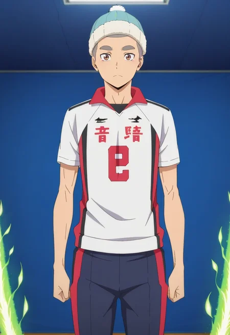 masterpiece, best quality, intricate details, anime screencap, anime coloring, , looking at viewer, 1boy, solo, male focus, <lora:Tamahiko_Teshiro-000009:0.96>, tamahiko_teshiro, grey hair, very short hair, brown eyes, wide angle, wide shot, cowboy shot, energy plant, light, arms at sides, tearing up, , ski hat
